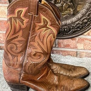 Justin Lizard Skin Cowboy Boots Men’s 10B Brown Western Exotic Leather Vintage